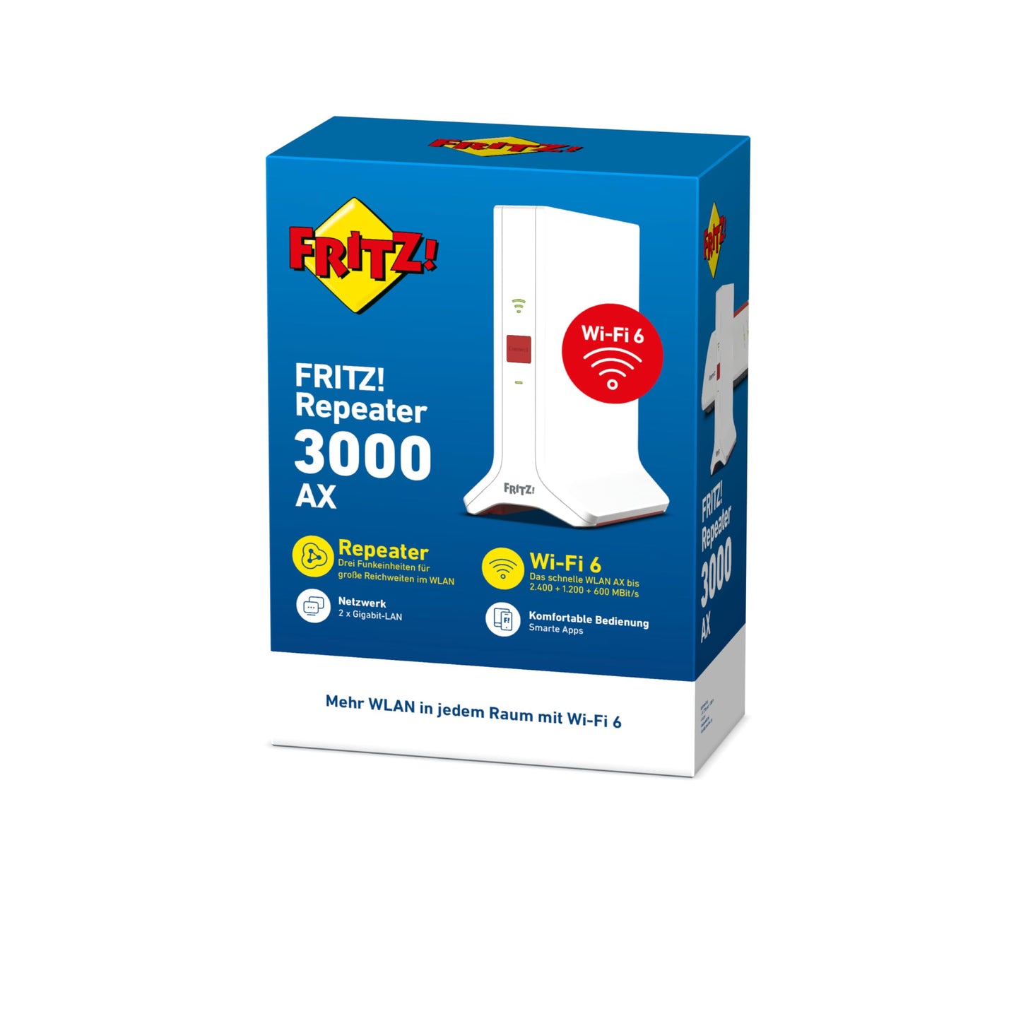 AVM Fritz!Repeater 3000 AX (Wi-Fi 6 Repeater mit DREI Funkeinheiten und insgesamt bis zu 4.200 MBit/s: 2X 5 GHz-Band (bis zu 3.600 MBit/s), 2,4 GHz-Band (bis zu 600 MBit/s), deutschsprachige Version)