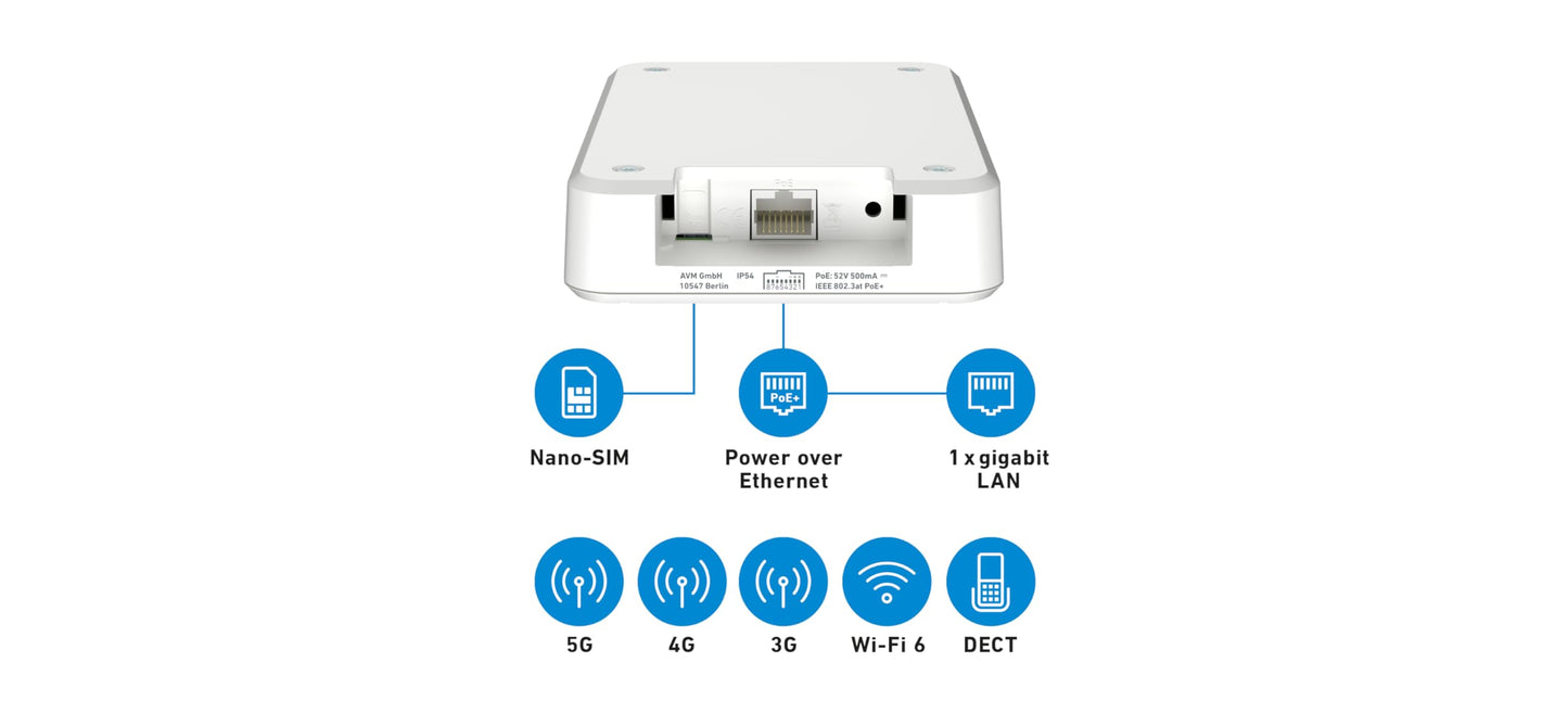 FRITZ!Box 6860 5G (Mobilfunk-Router mit bis zu 1.300 MBit/s in 5G/LTE, Wi-Fi 6 mit bis zu 3.000 MBit/s, Power over Ethernet (PoE+), staub- und spritzwassergeschütztes Gehäuse, DECT-Basis)