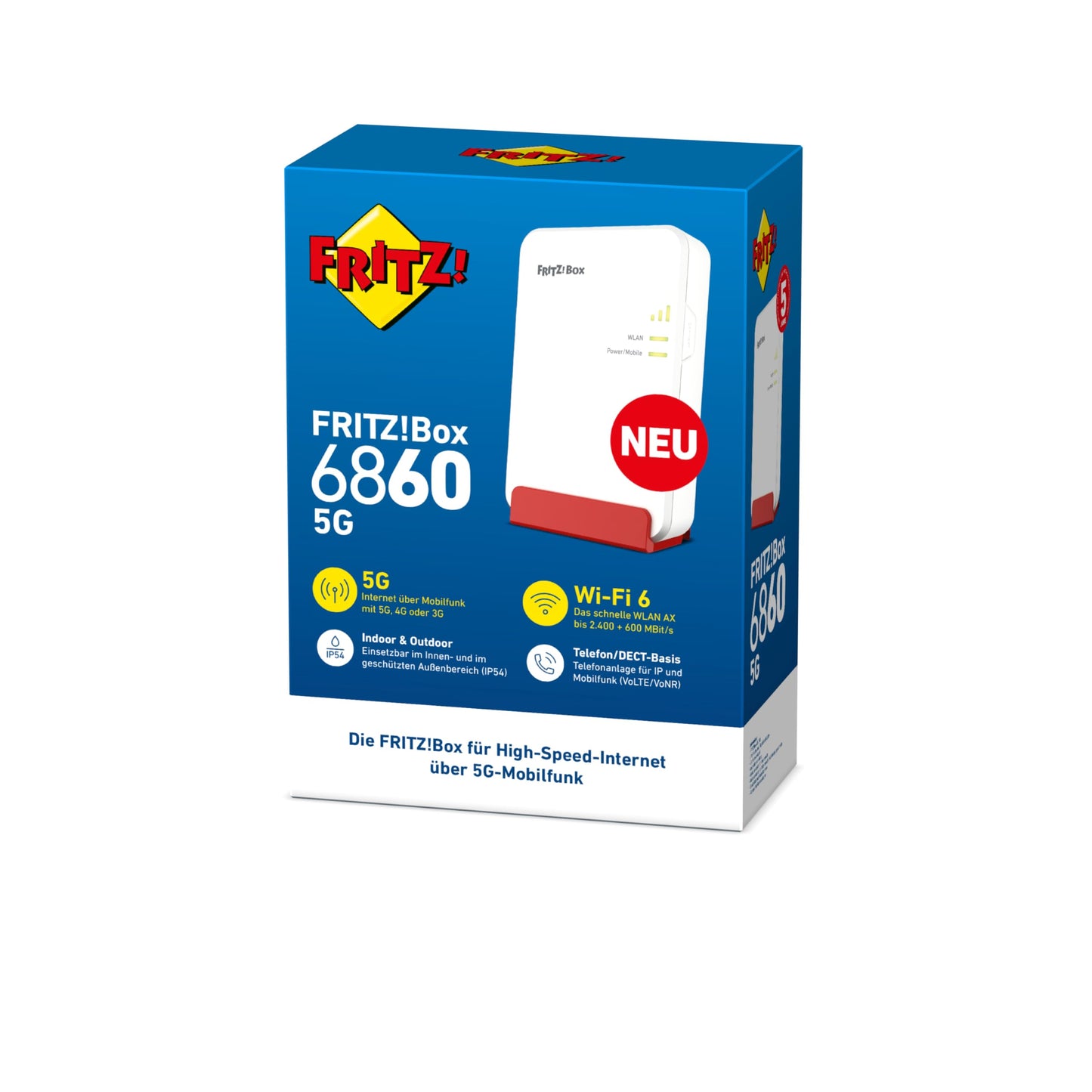 FRITZ!Box 6860 5G (Mobilfunk-Router mit bis zu 1.300 MBit/s in 5G/LTE, Wi-Fi 6 mit bis zu 3.000 MBit/s, Power over Ethernet (PoE+), staub- und spritzwassergeschütztes Gehäuse, DECT-Basis)