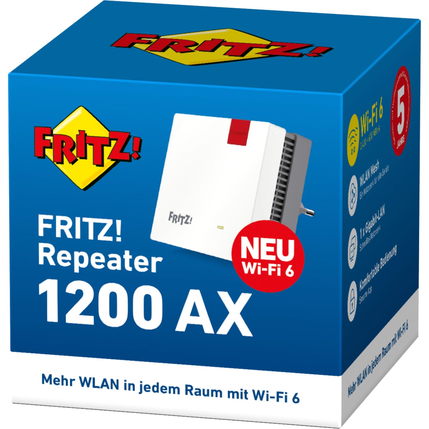 Fritz!Repeater 1200 AX (Wi-Fi 6 Repeater mit Zwei Funkeinheiten: 5 GHz-Band (bis zu 2.400 MBit/s), 2,4 GHz-Band (bis zu 600 MBit/s), deutschsprachige Version)