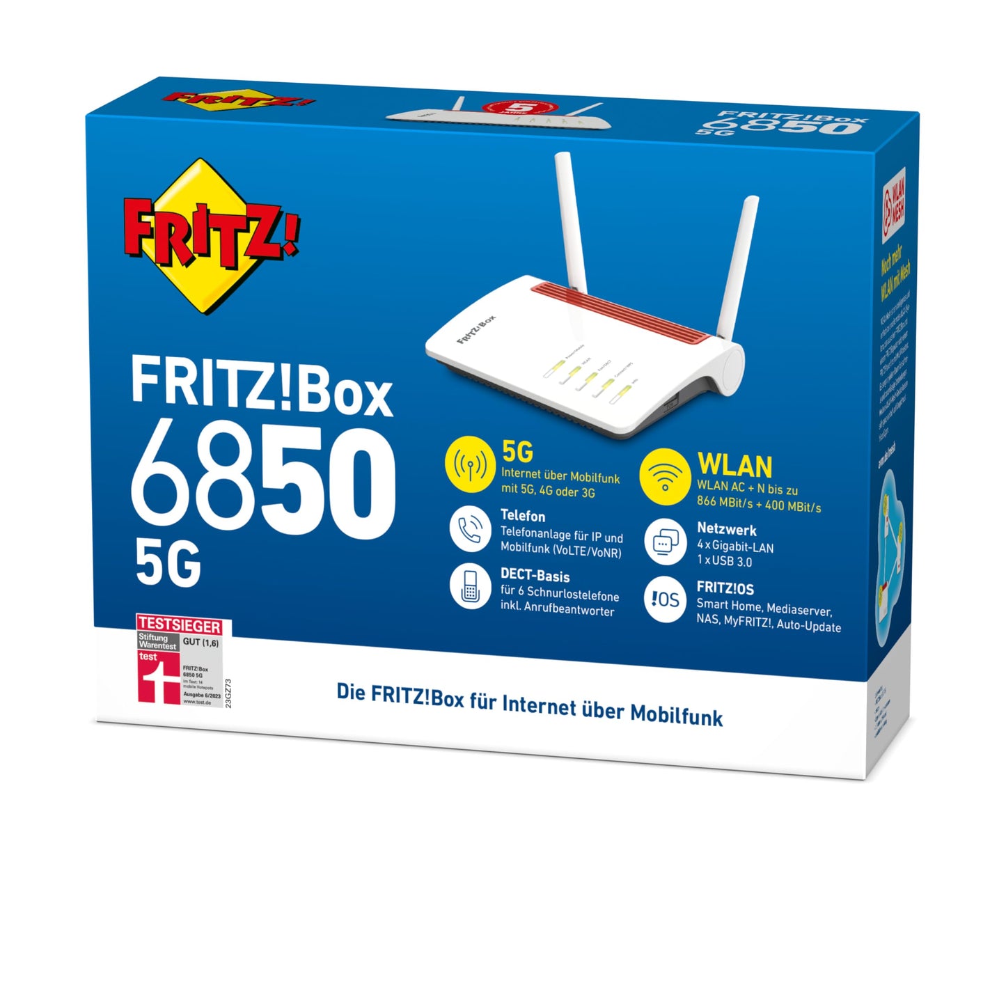 FRITZ!Box 6850 5G (Mobilfunk-Internet bis zu 1.300 MBit/s, WLAN AC+N bis 866 MBit/s (5 GHz) & 400 MBit/s (2,4 GHz), 4 x Gigabit-LAN, DECT-Basis, USB 3.0, geeignet für Deutschland)